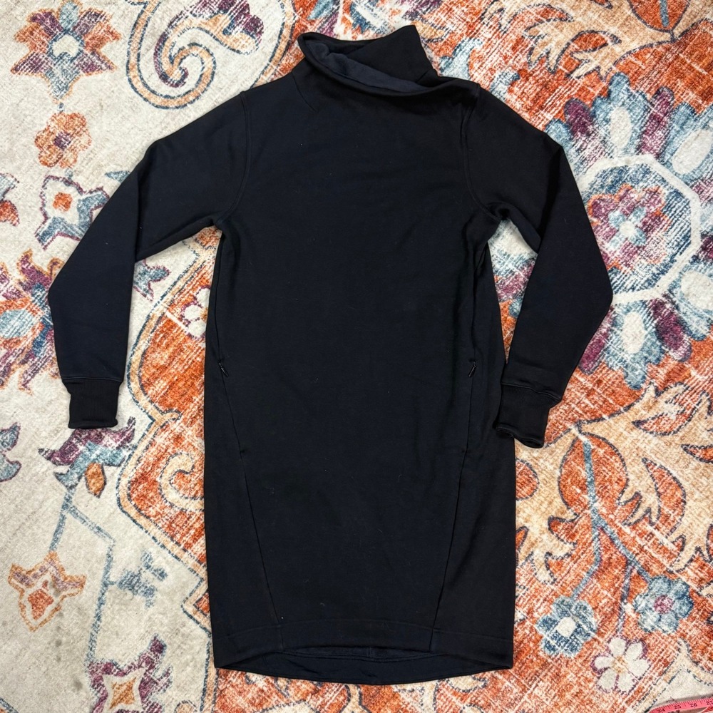 Athleta Black Cozy Karma Mock Neck Long Sleeve Fleexce Lined Dress‎ Small